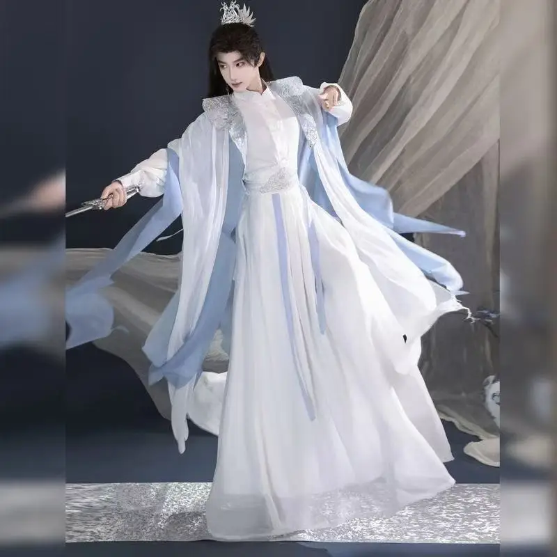

Vintage Blue White Hanfu Ancient Chinese Fairy Martial Dress Halloween Swordsman Cosplay Costume Stage Party Performance Suits
