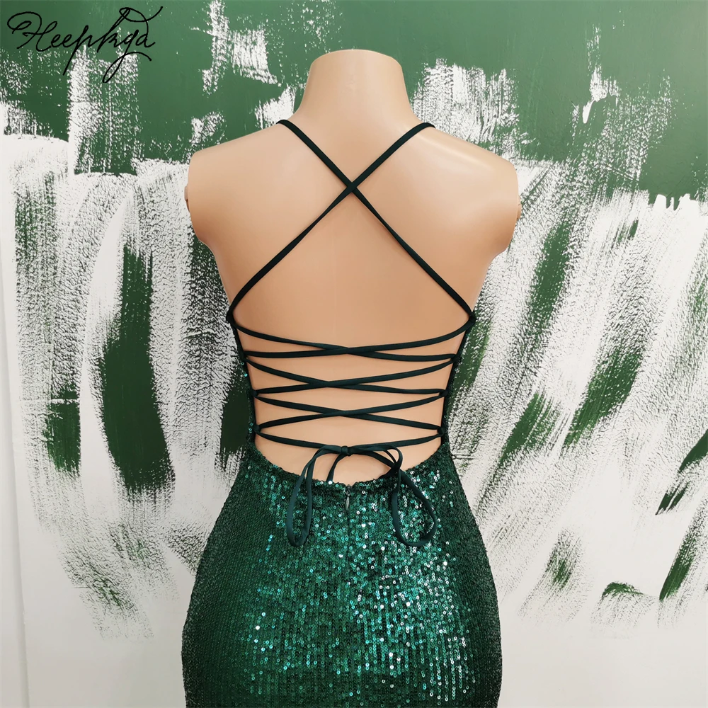 Green Mermaid Backless Long 2024 Evening Dress Stretchy Sequin Side Split Spaghetti Straps Women Formal Occasion Gowns In Stock