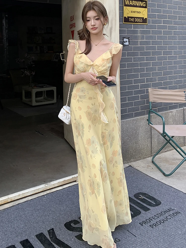 2025 ใหม่ดอกไม้ชีฟอง Chic Ruffled V คอชุดยาวเซ็กซี่ฤดูร้อน Boho Elegant ชุดนางเงือกผู้หญิงเกาหลีชุด Bodycon