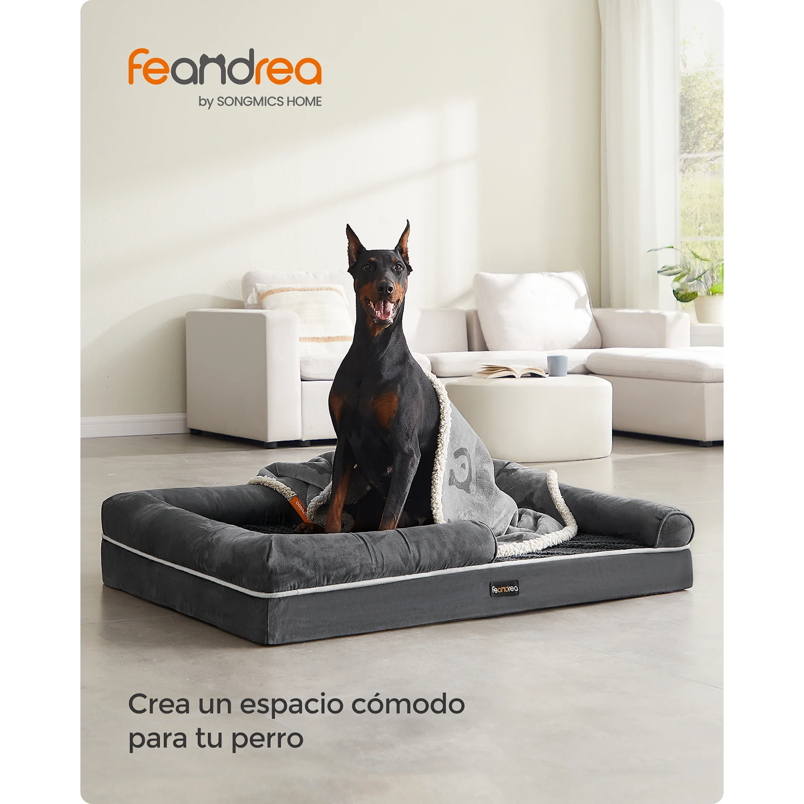 Feandrea Orthopedic Dog Bed: Sofa with sides, washable cover. 120 x 85 x 20 cm. Non-slip bottom. Dark Grey.