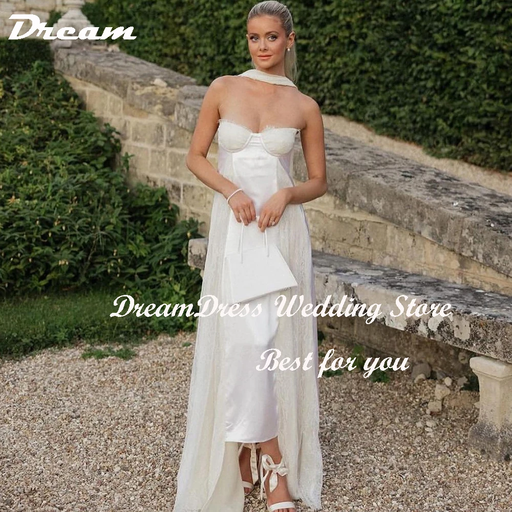 DREAM Customized A Line Strapless Scarf Sweetheart Wedding Dress For Women Sleeveless Lace Satin Modern Patchwork Bridal Gowns