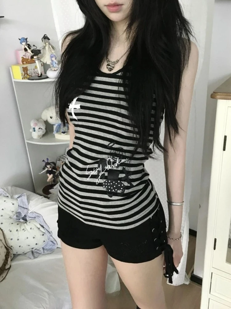 Grey Vintage Y2k Off Shoulder Girl Vest Subculture Gothic Striped Slash Neck Tops Women Summer Chic Slim Retro Outfits 2026 New