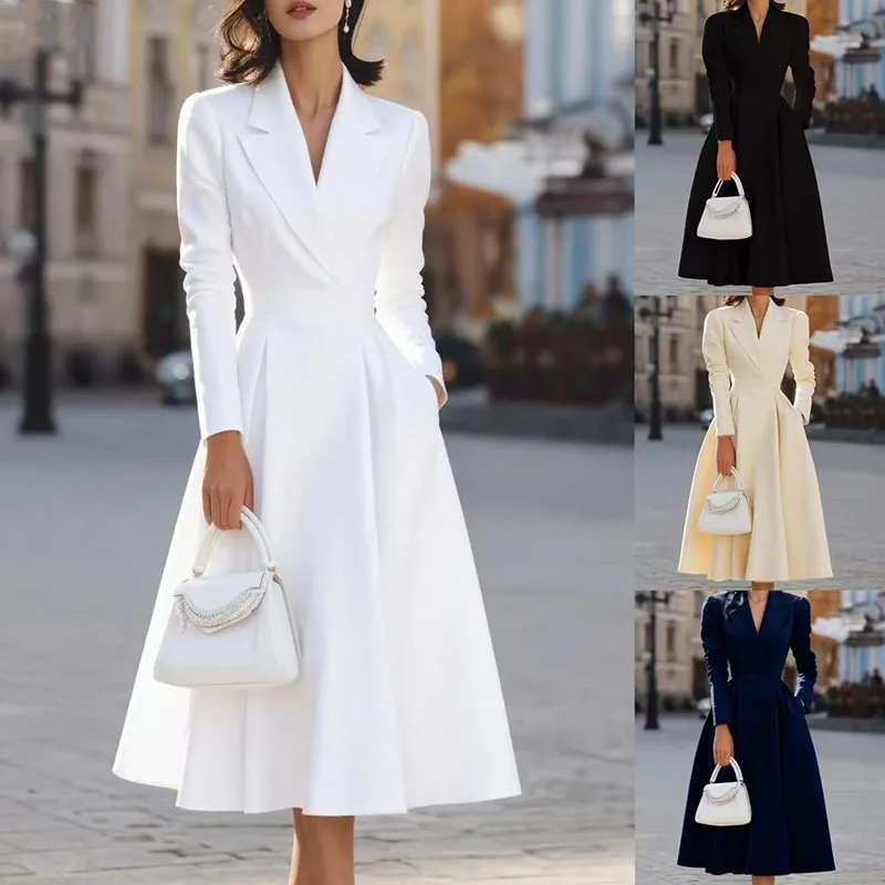New Elegant Solid Color Office Dress Autumn Long Sleeved Slim Fit Party Dress Fashion Women's Turn-Down Collar Pocket Maxi Dress
