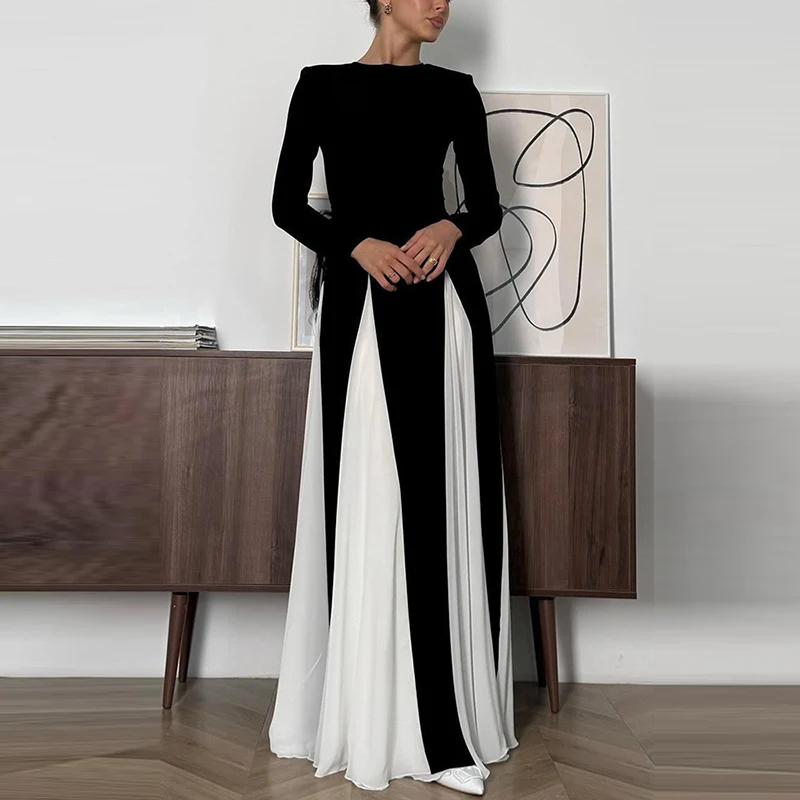 Women 2024  Crew Neck Long Sleeve Maxi Dress New Winter Splicing Party Dress Elegant Lady Contract Color Full Length Club Dress