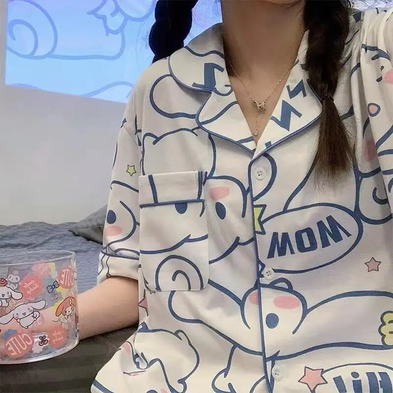 conjunto-de-pijamas-kawaii-cinnamoroll-2-pecas-para-mulheres-roupa-de-verao-solta-com-camiseta-de-manga-curta-e-shorts-kuromi