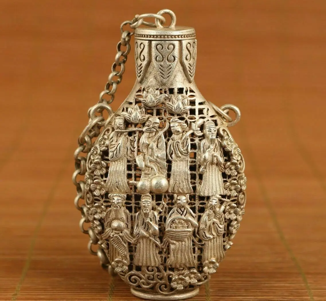 

chinese old tibet silver hollow carved 8 immortals snuff bottle netsuke Box