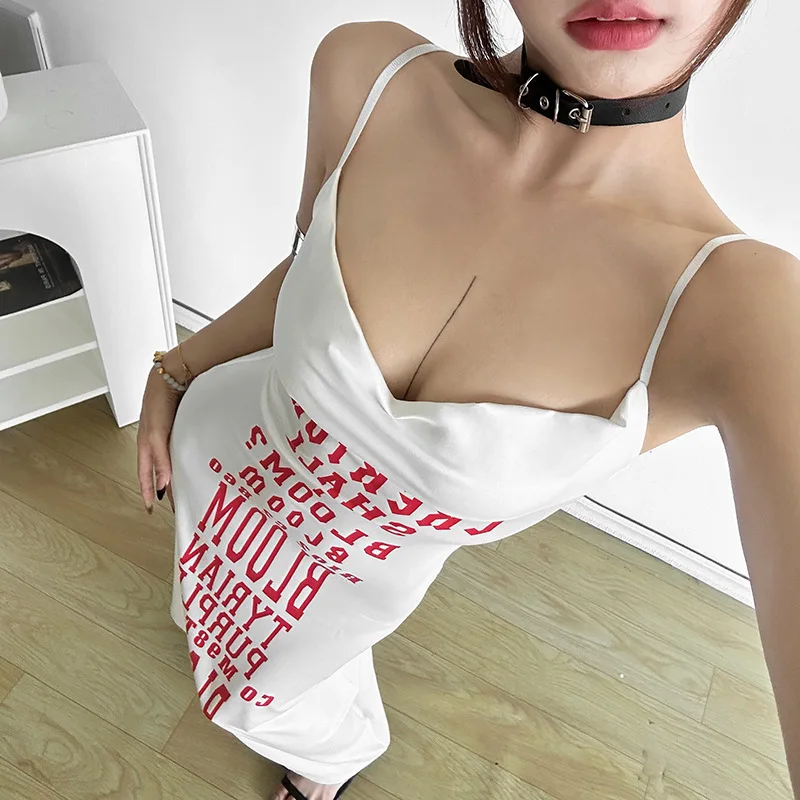 Summer New Suspender Dress Sexy Spicy Girl  Women's Clothing Personality Letter Print Slimming Long Dress V-neck Folds Top Skirt