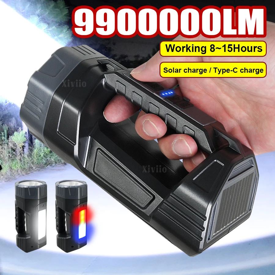 9900000LM Portable Handheld Flashlight Solar/USB Rechargeable High Power LED Flashlights  Outdoor Searchlight Camping Work Light