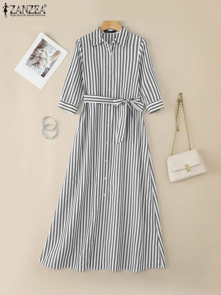 ZANZEA Elegante Frauen Revers Hals Langarm Gestreiften Kleid 2025, Herbst Sommerkleid Buttons Up Vestidos Büro Tragen Kleider Robe Femme