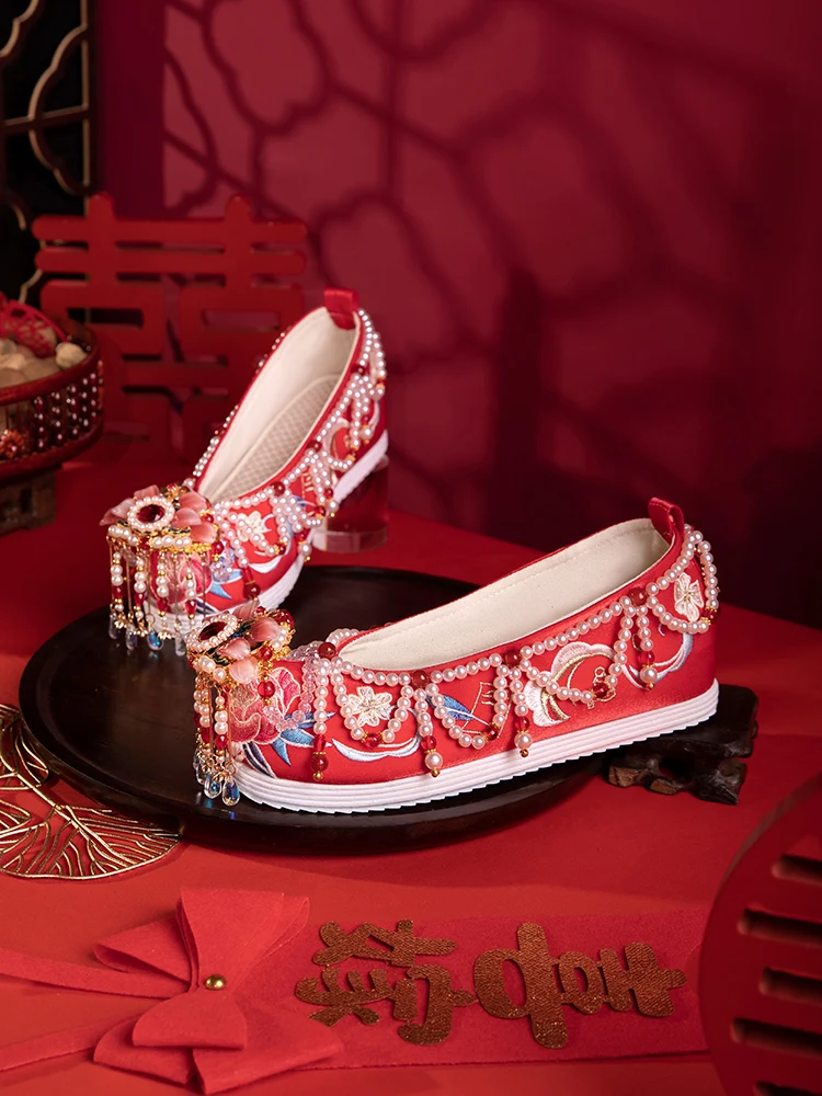 High Quality Handmade New Xiuhe Wedding Shoes Flat Beaded Ancient Style Hanfu Chinese Embroidered