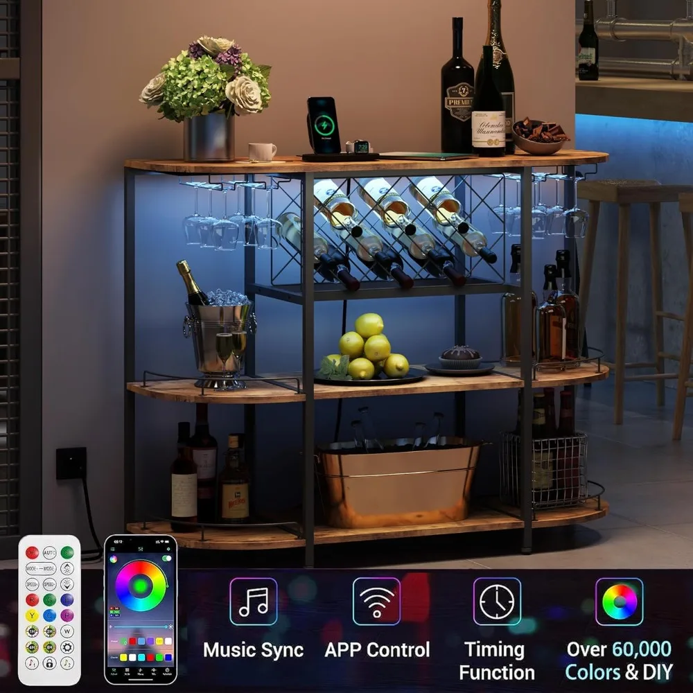 Tavolo da bar per armadietto del vino con presa di corrente e luce a LED, tavolino da bar a tre livelli Portabottiglie Liqour Bar con ampio spazio di archiviazione