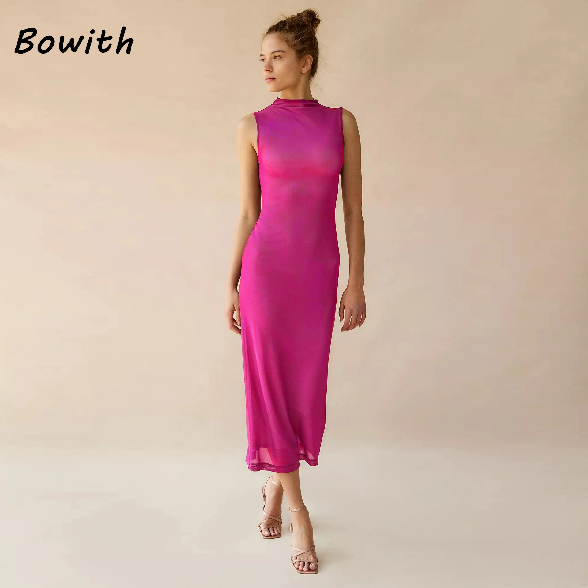 

Bowith Wedding Party Dress Elegant Daily Round Neck Sleeveless Midi Everyday Dresses for Women Gown Prom 2024Pink Long Dress