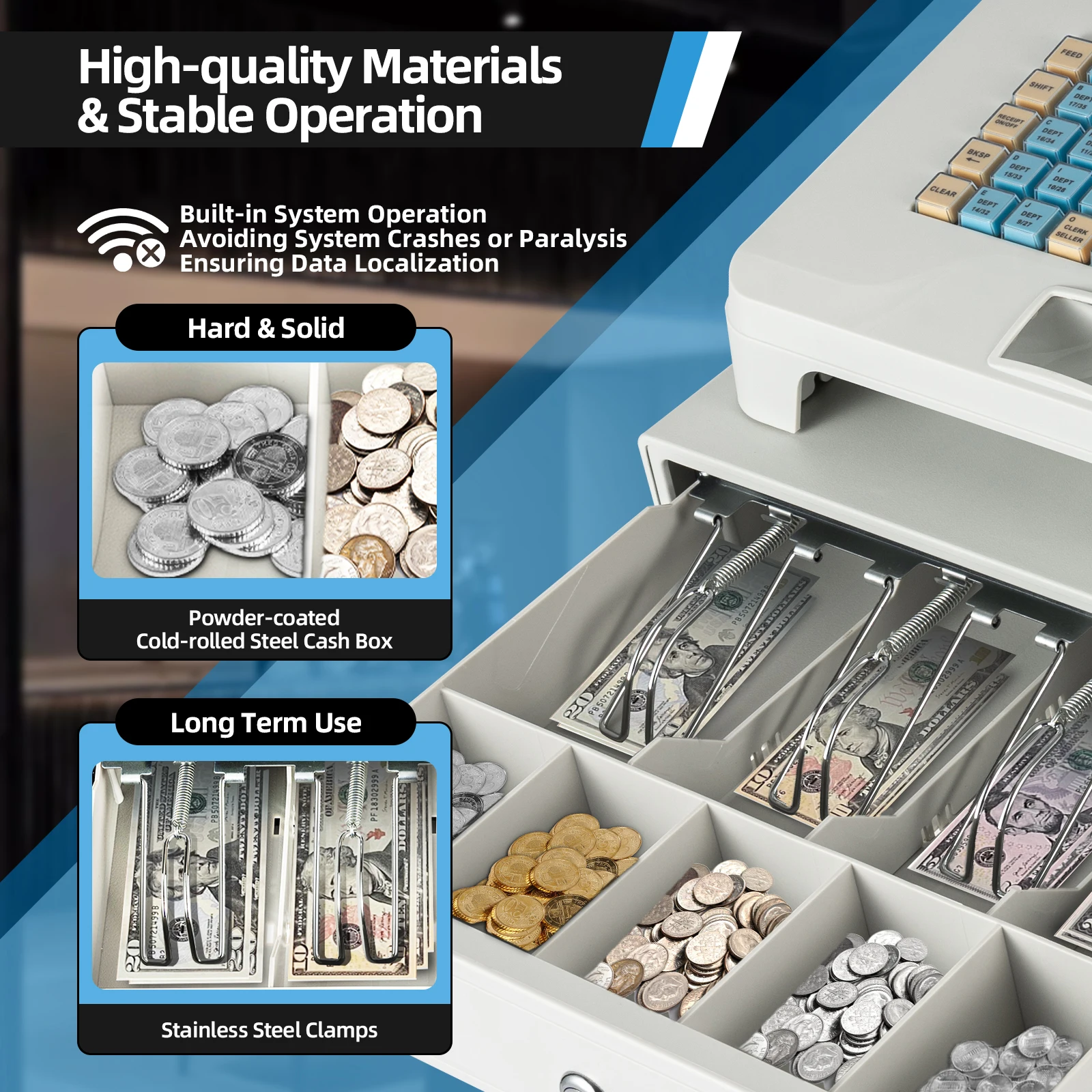 

Electronic Cash Register POS Thermal Printer Cash Register with Lockable Drawer 8 Digital LED Display for Restaurant/Shop