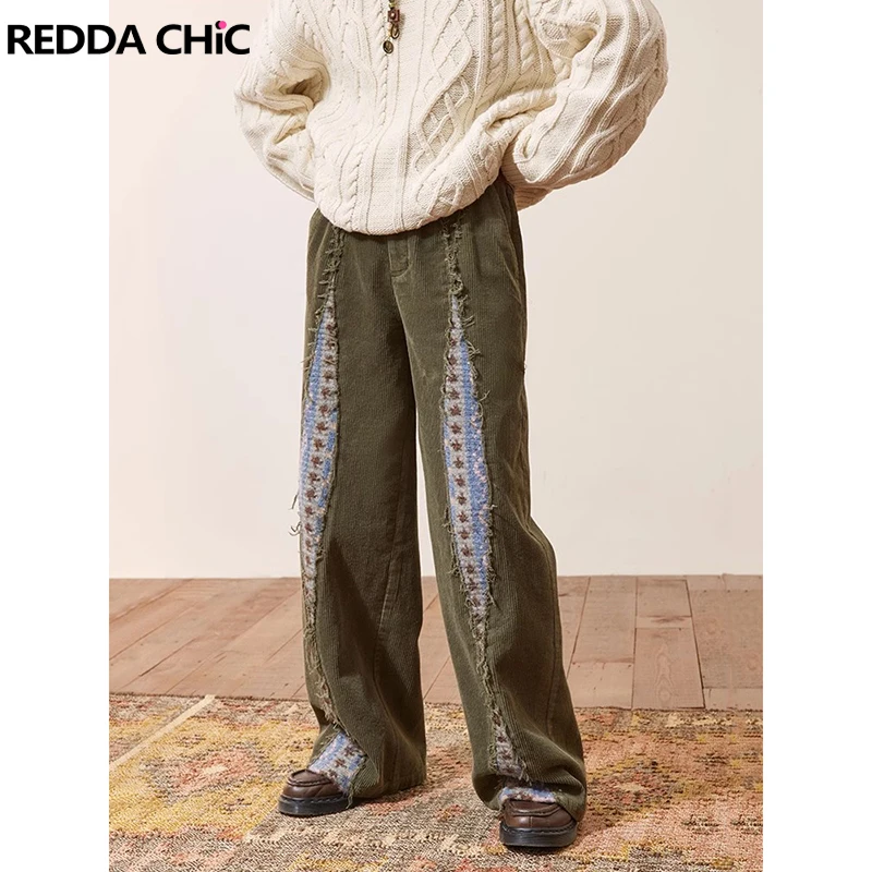 ReddaChic Vintage Green Corduroy Pants Women Lounge Fair Isle Knit Stitch Raw Edge Wide Leg Long Trousers Autumn Winter Clothes