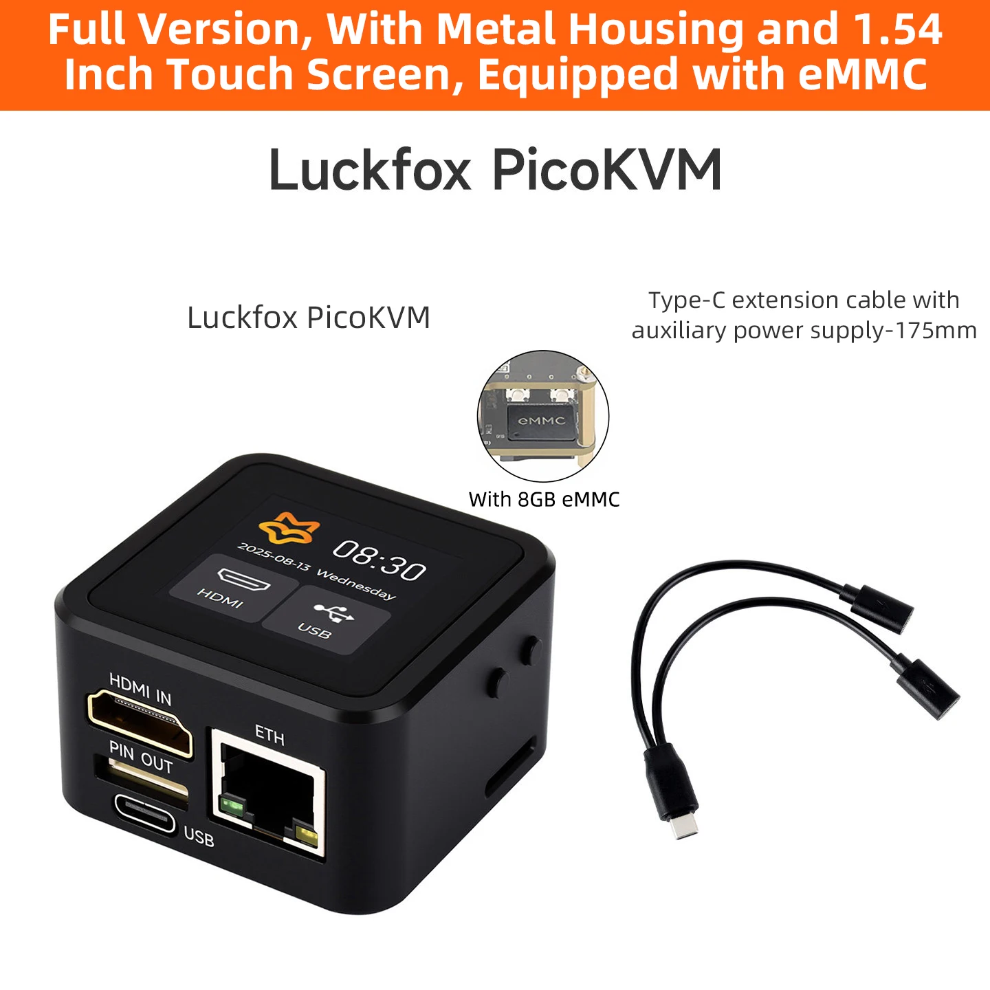 Luckfox PicoKVM Onboard HDMI-kompatibler USB-Ethernet-E/A-Erweiterungsport IP-KVM-Management 1,54'' Touch-Vitrine Optional