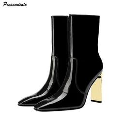 2025 Autumn Winter Patent Leather Fashion Women Ankle Boots Elegant Square toe Metal Gold High heels Chelsea Short Boots Shoes