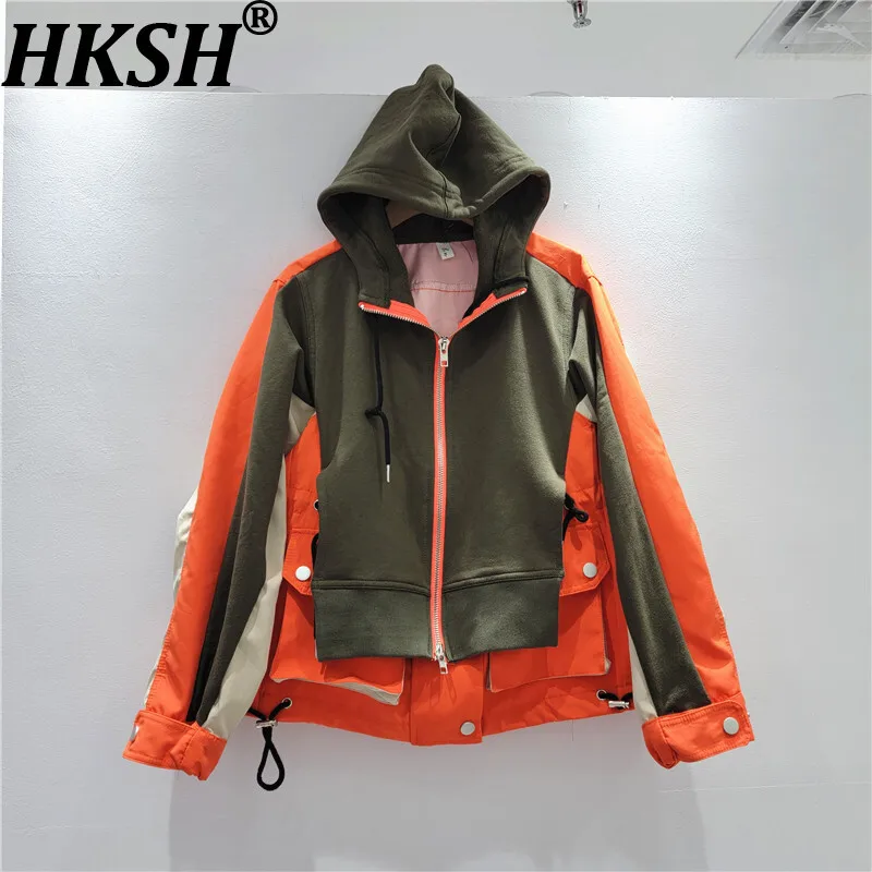 

HKSH Spring Autumn New Women Jacket Hooded Zipper Contrast Color Patchwork Safaril Style Streetwear Elegant Casual Coats HK16817