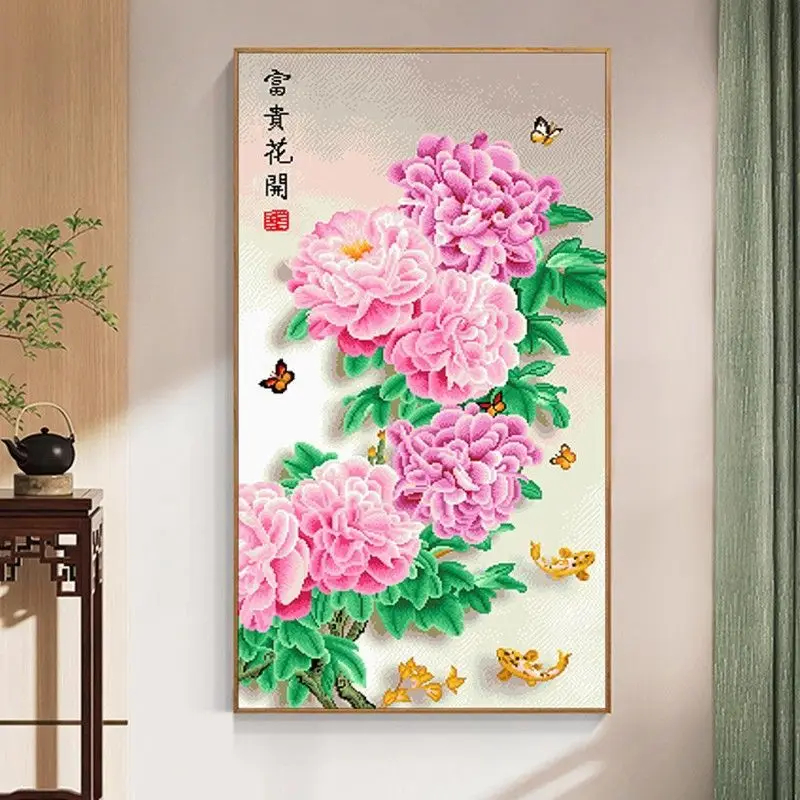 

Peony Blossoms Rich and Wealthy Pure Handmade Cross Embroidery Finished Product New Full Embroidery Vertical Edition Entrance