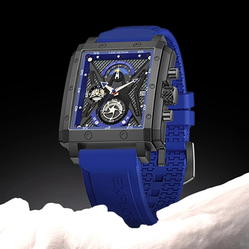 LIGE 남성용 실리콘 쿼츠 시계, 방수 크로노그래프, 24 시간 달 위상 시계 및 박스, 탑 브랜드 럭셔리, 새로운 패션