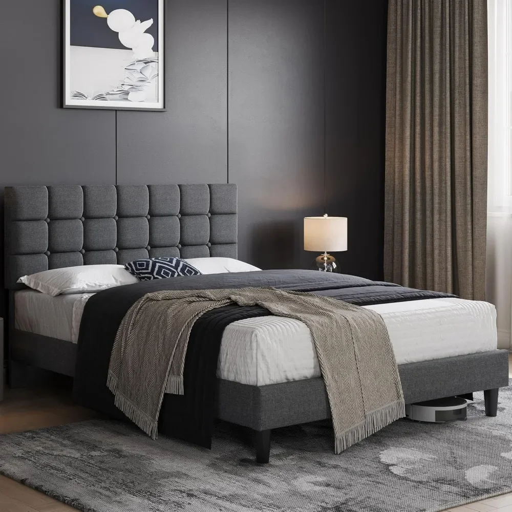 Soft Padded Bed Frame, Modern King Size Bed Platform, with Square Stitching and Button Tufted Headboard, Adjustable Height