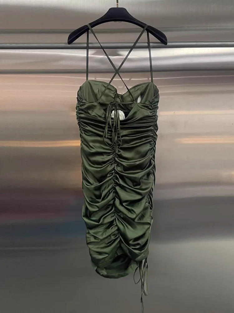 DFDG Dames Lente Zomer Olijf Satijn Ruches Cami-jurk Mini Bodycon Party Clubwear 2025, Trendy Vrouwelijke Mode Outfit Jurk