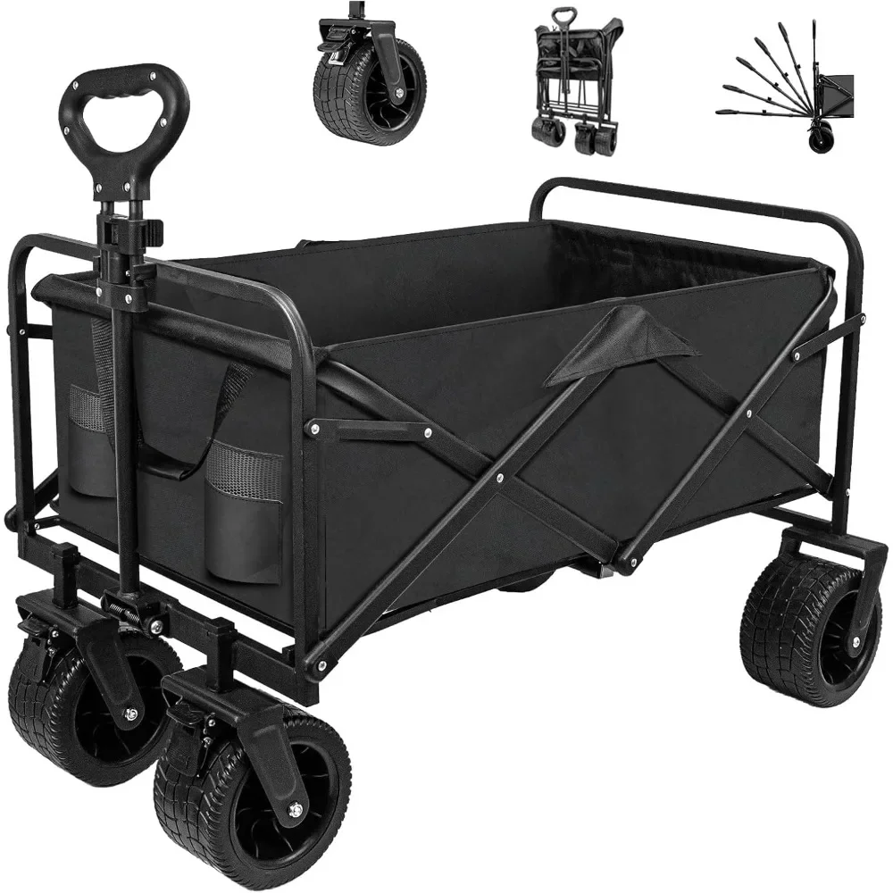 

Collapsible Foldable Beach Wagon with Big Wheels for Sand, Utility Grocery Wagon with Side Pocket and Brakes