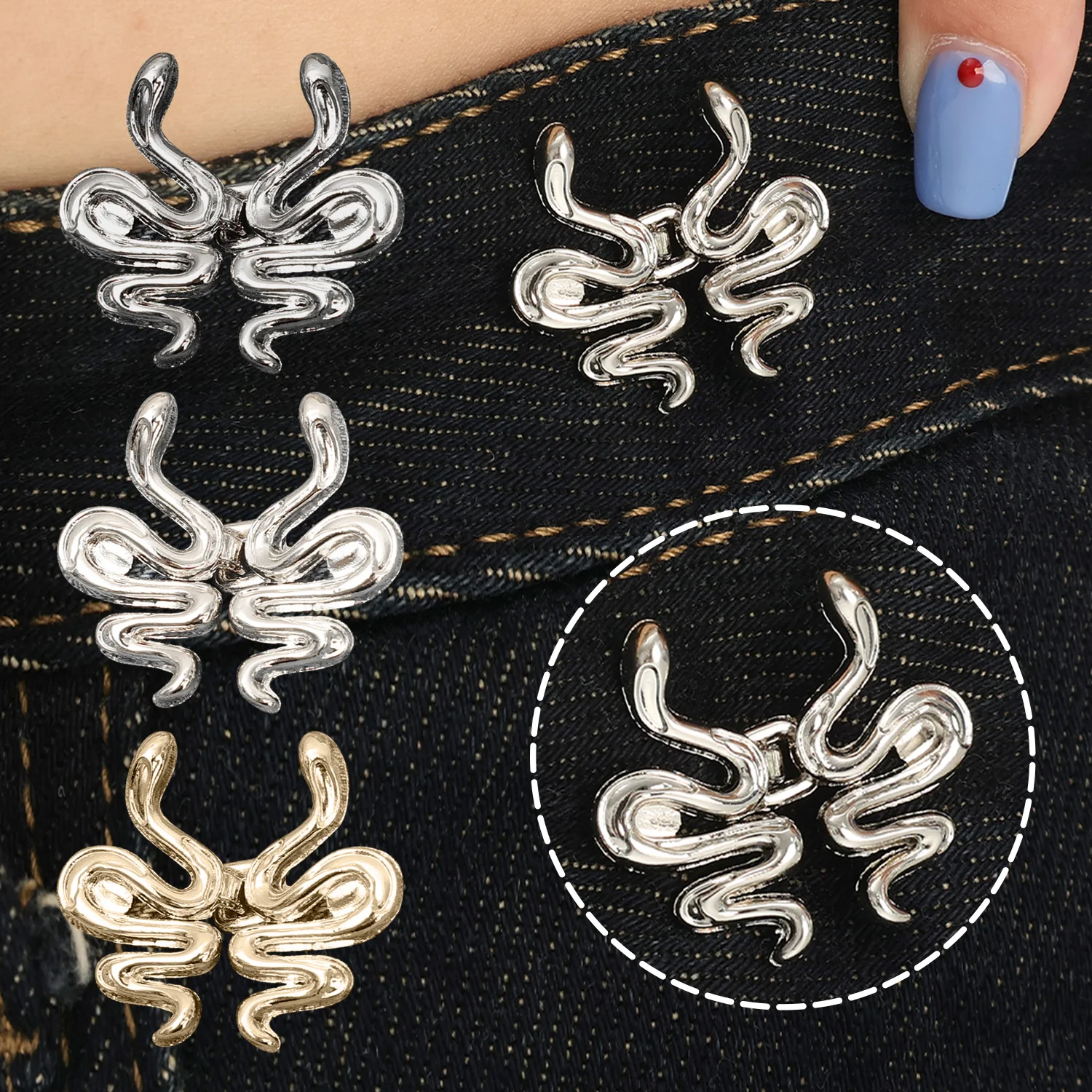 3pairs Waist Button Fastener Adjustable Metal Jeans Buttons Cute Snake Shape Reusable Waist Cincher Clip for Clothing Dresses