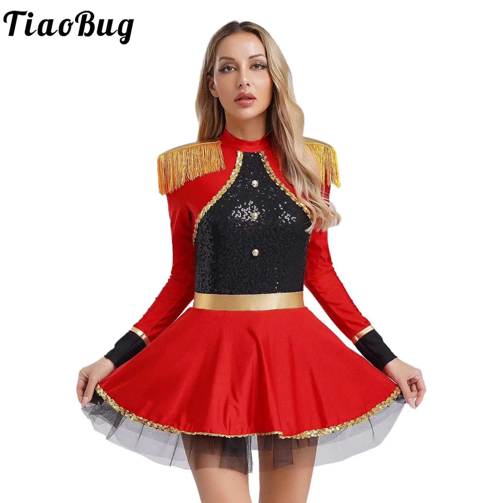 

Halloween Women Circus Ringmaster Costume Bodysuit Dress Long Sleeve Fringe Leotard Tutu Dress Dancewear Carnival Party Dress Up
