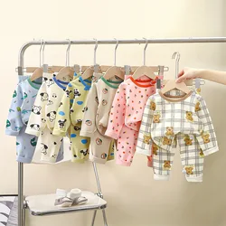 Autumn 2024 Ins Kids Girls 2PCS Sleepwears Set Cotton Printed Floral Cartoon Top+pant Suit Children Baby Girls Pajamas