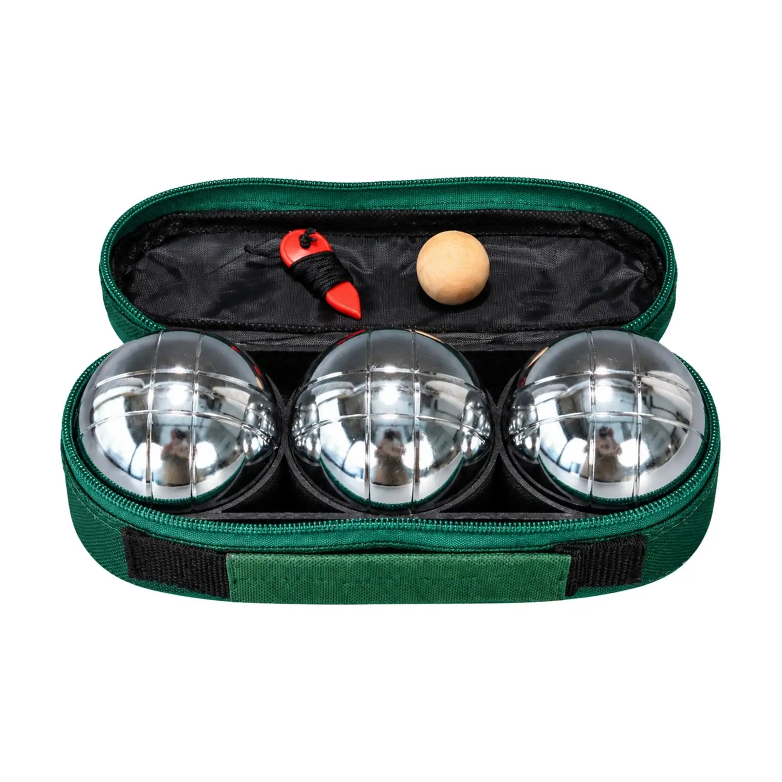 Chrome Plated Bocce Ball Set with Wooden Target Ball and Measuring Tool for Outdoor Lawn Games Portable Case