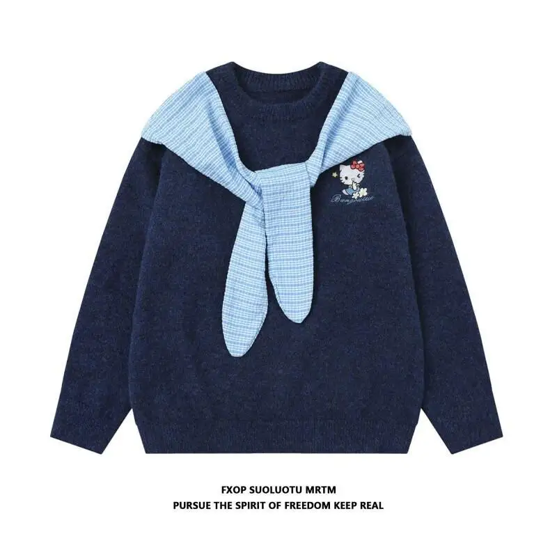 

Свитер Sanrio Hello Kitty, вязаный, женский, зимний, с вышивкой, с изображением котенка, в клетку, пончо, имитация двухслойного, свободный крой, в корейском стиле, повседневный, модный