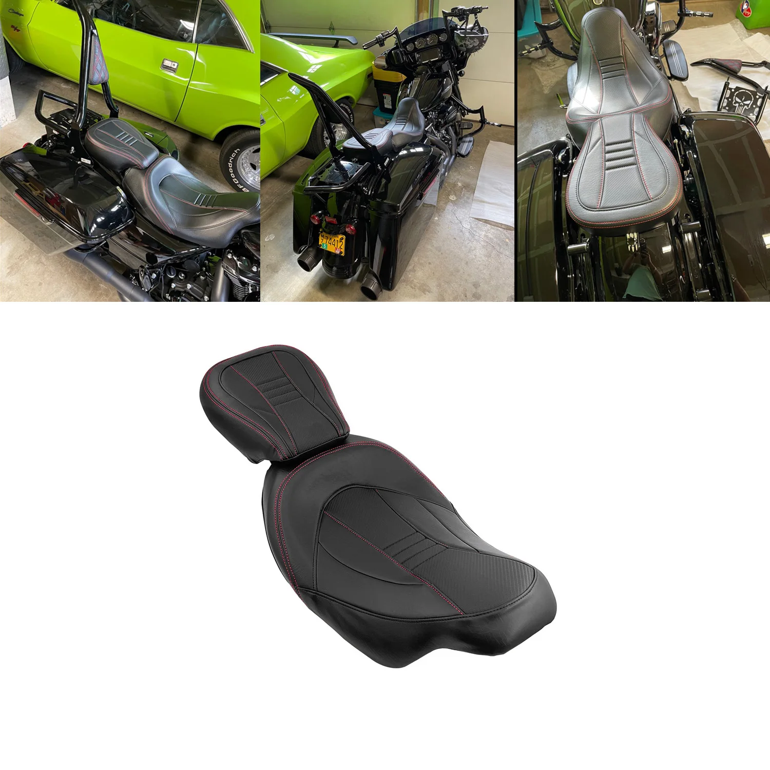 

Red Stitching Two Up Low-Profile Driver Passenger Pillion Seat For Harley Touring Road King CVO Limited Street Glide 2009-2021