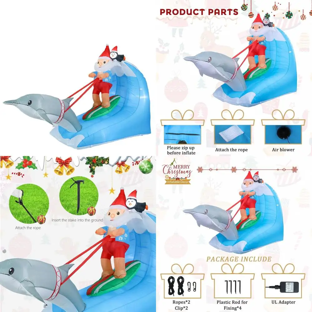 

7.55ft Inflatable Outdoor Christmas Decoration: Surfing Santa with Friends, LED Lights Included