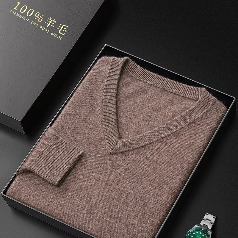 Autumn And Winter Men\'s V-Neck 100% Pure Wool Pullover Sweater Loose Casual Long-Sleeved Shirt Knitted Bottoming Shirt