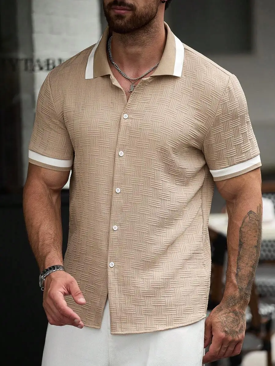 Conjunto de Camisa Casual de Verano para Hombre Manfinity Homme, Color Azul Turquesa, Tejido Plisado con Textura Jacquard, Corte Holgado, Manga Corta
