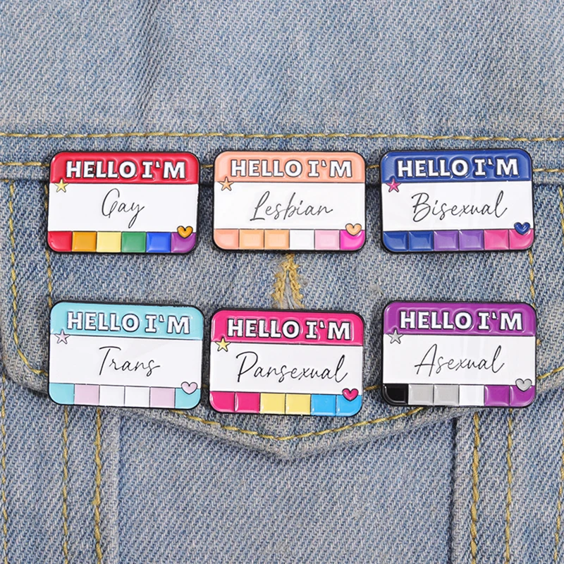 BI Pan-broche de esmalte personalizado, insignias de solapa Asexual, Trans, Gay, lesbiana, Pines, orgullo, Color arcoíris, caja de diálogo, joyería, Hello I'm LGBT