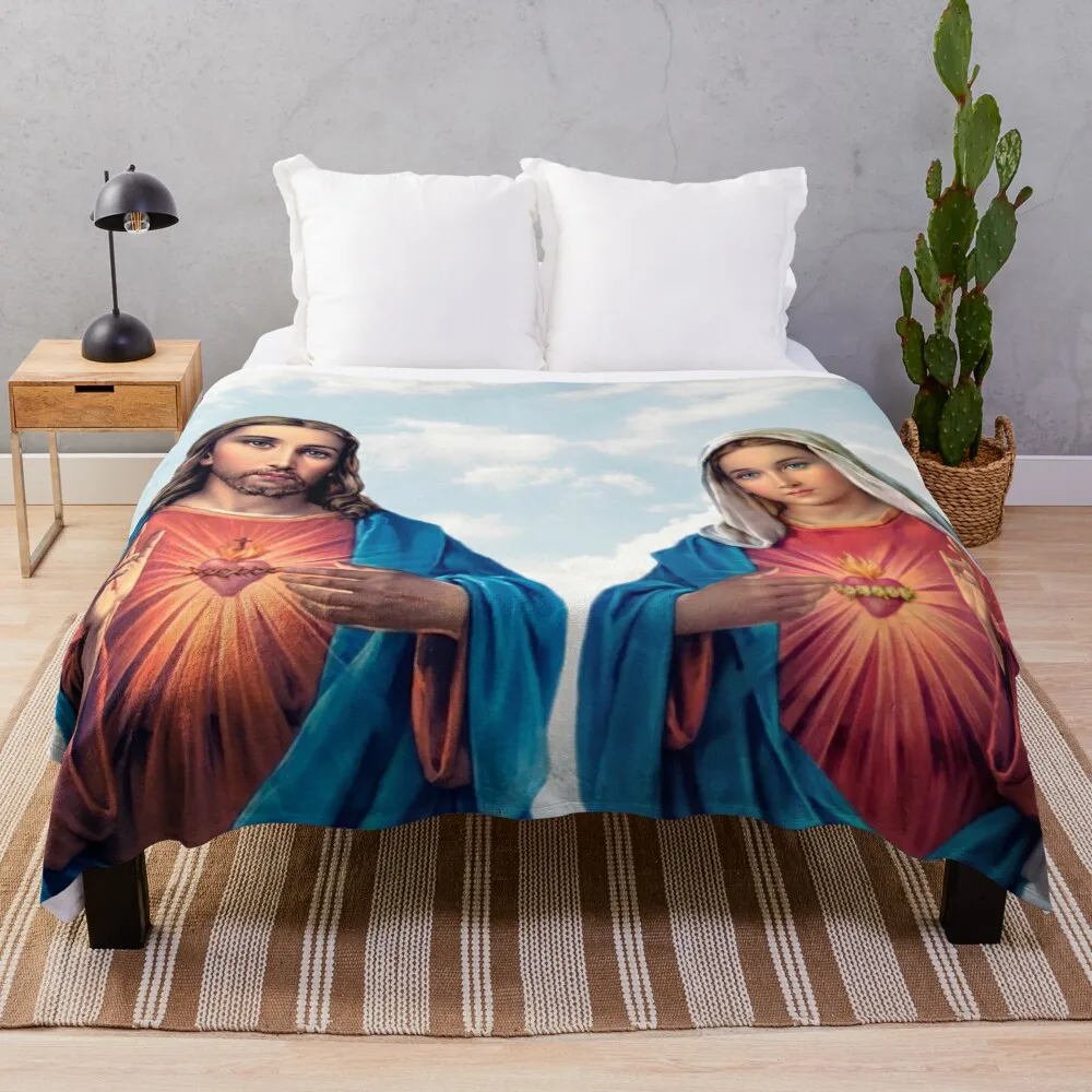 

Sacred and Immaculate Hearts (Jesus and Mary) with sky background Throw Blanket Warm Napping Blanket for Office Couch Bed