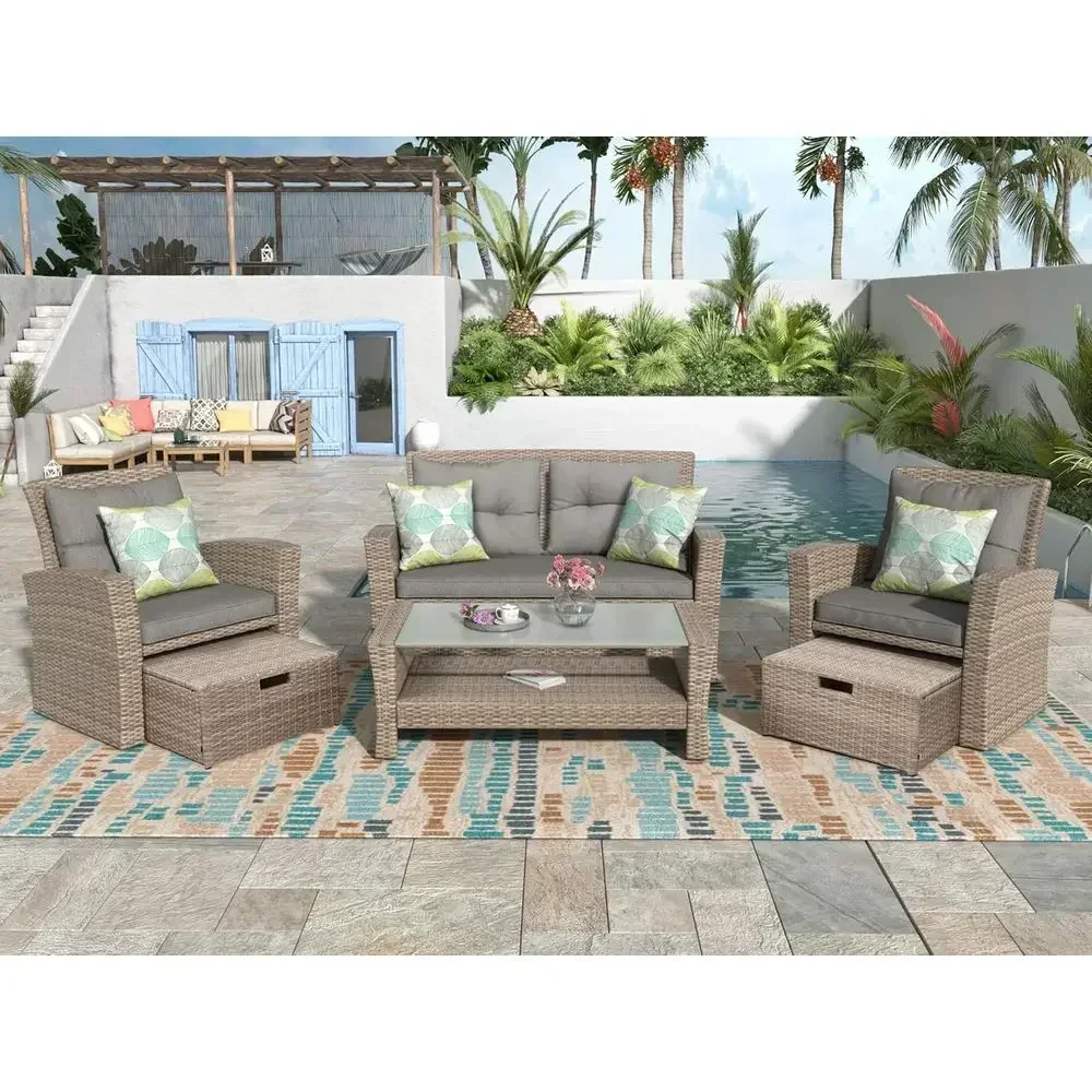 Patio urniture Set, 4 Piece Outdoor Wicker Rattan Sectional Soa with Glass Table, Ottoman and Sot Cushions, ront Porch Aparent P