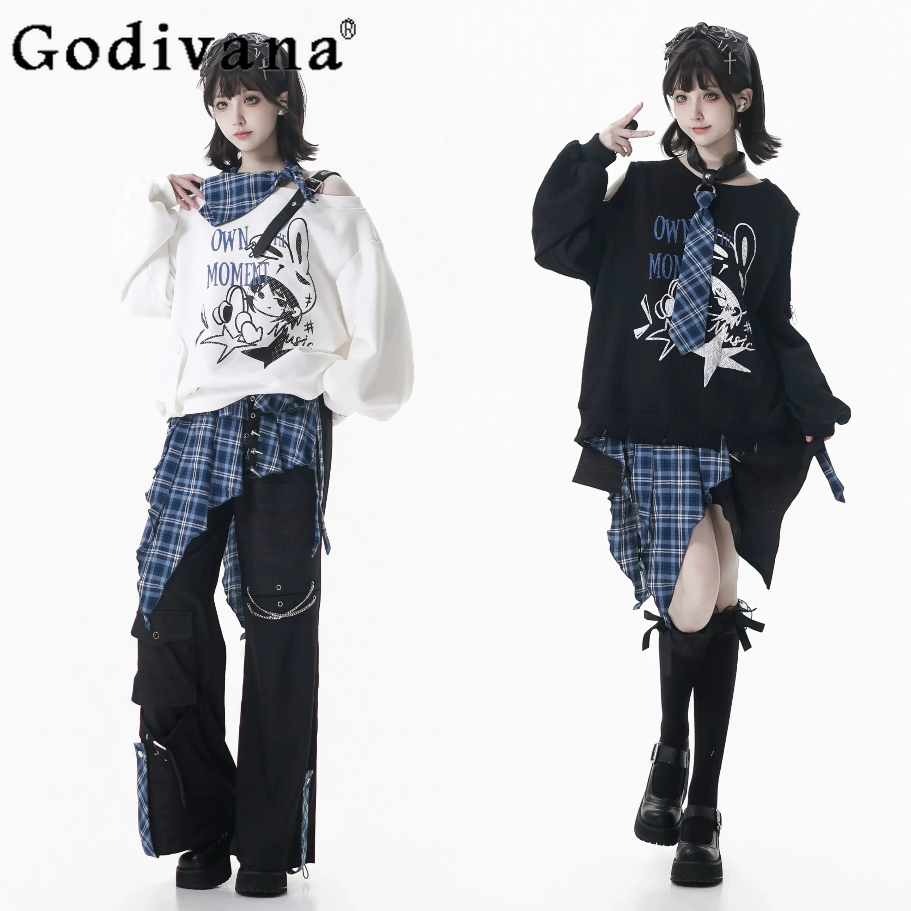 

Original Design Y2k Student Matching Sets Spring New 2026 Sweet Cool Girls Cartoon Print Loose Sweatshirt Pants Skirt Outfit