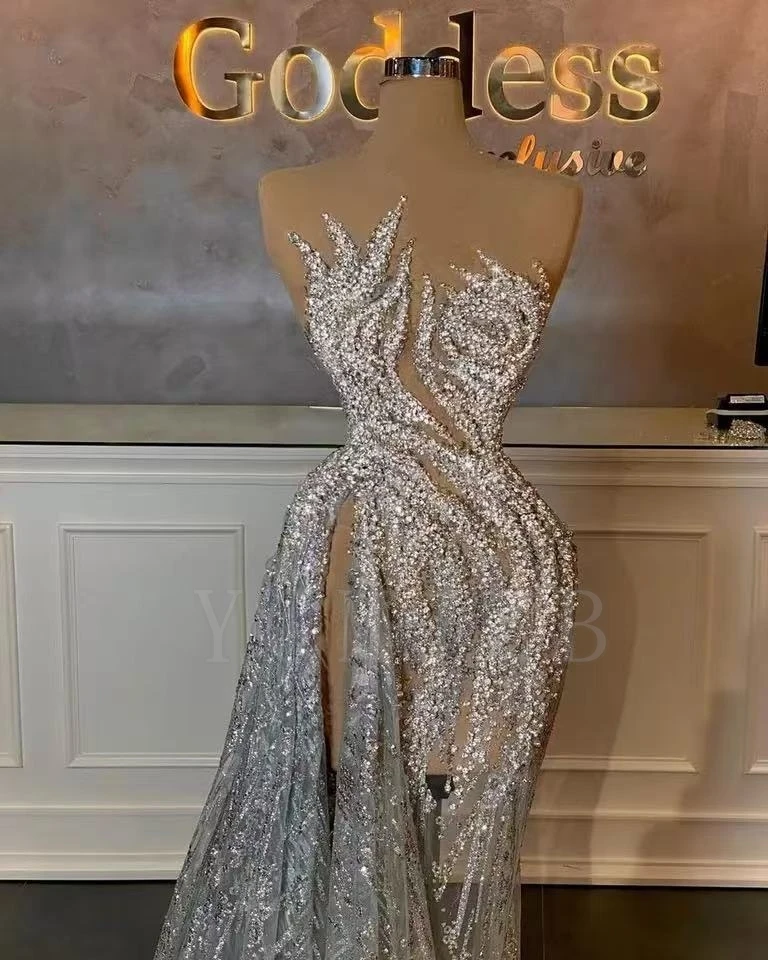 Sexy Illusion Evening Dresses Long  Luxury Sparkly Beaded High Split Woman Silver Prom Party Special Occasions Gowns Customized image 2