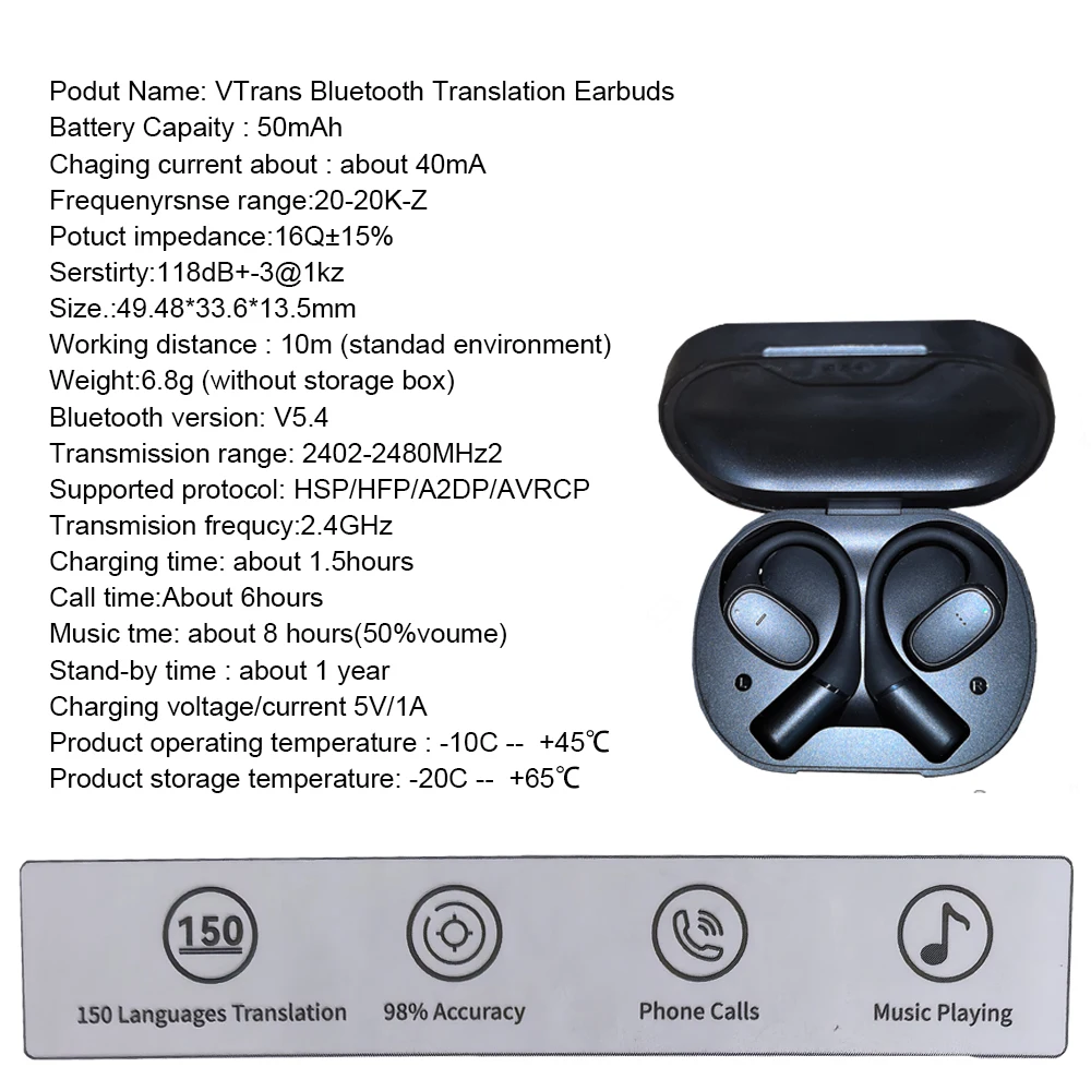 Ai earphone VTrans Bluetooth5.4 Translation music Earbuds 150 languages HSP/HFP/A2DP/AVRCP phone calls Touch Control Earbuds