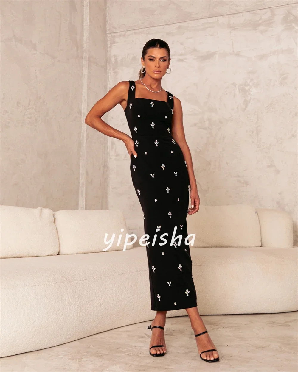 Customized Evening Sexy Casual Jersey Beading Pleat Square Neck Bespoke Occasion Gown Midi Dresses Creating A Noble Beauty Uniqu