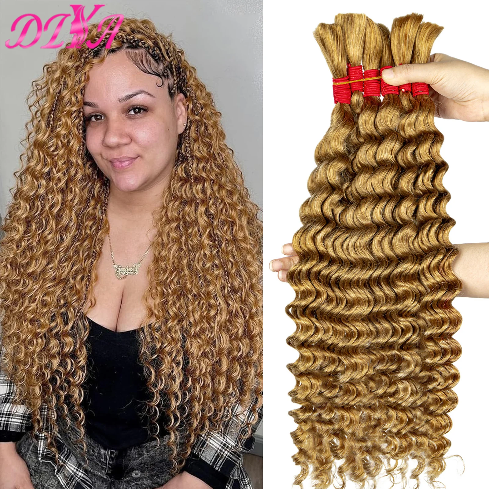 Honey Blonde Deep Wave Human Hair Bulk for Boho Braiding No Weft 100% Brazilian Virgin Hair Water Wave Human Hair Extensions