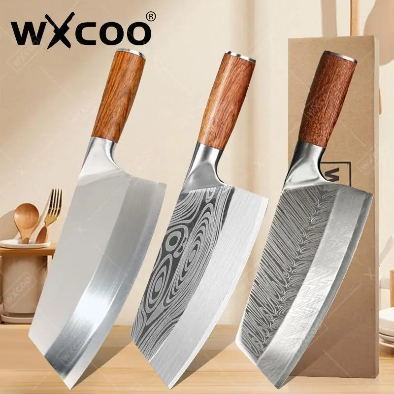 WXCOO Japanisches Kochmesser mit Holzgriff, hoher Kohlenstoffgehalt, Edelstahl, Laser-Küchenmesser, zum Schneiden von Fleisch, Hackmesser, Metzger, Küchenmesser
