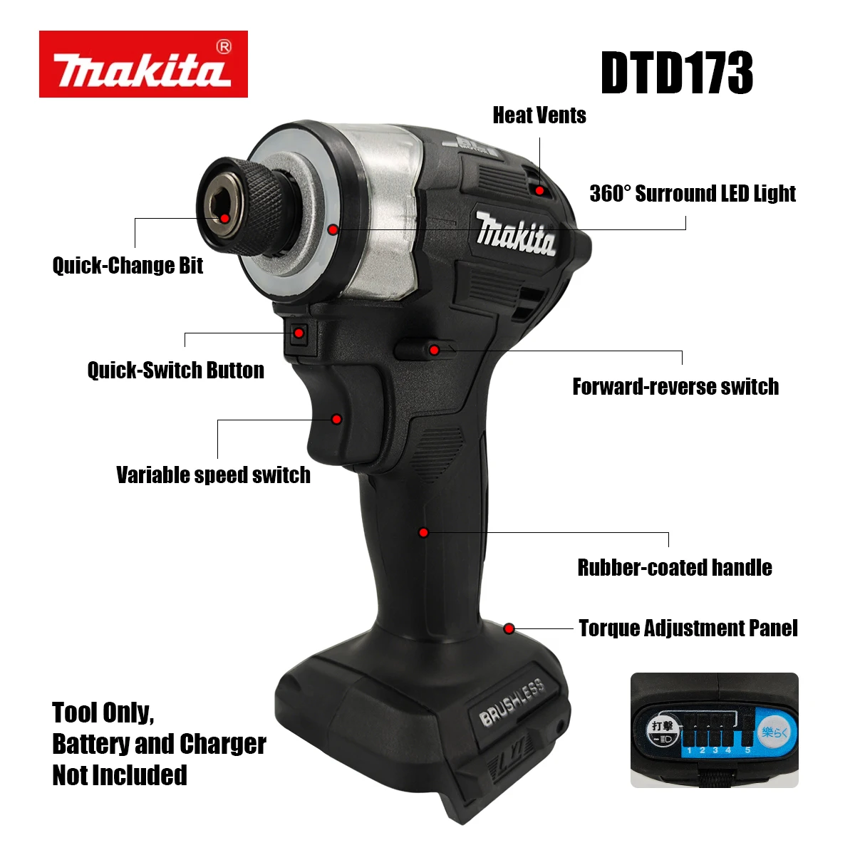 Makita DTD173 18V 180Nm Black Brushless Electric Screwdriver Multicolor DIY Home Improvement T-Mode Wood Bolt Driver view 5