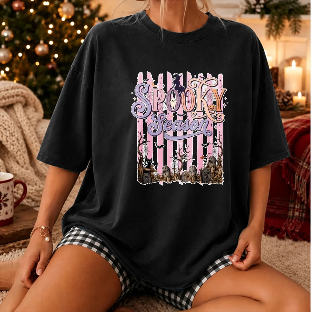 Halloween Spooky Season Graphic T‑Shirt Pastel Pink Striped Graveyard Witch Bat Retro Spooky Fall Print Crew Neck Casual Tops
