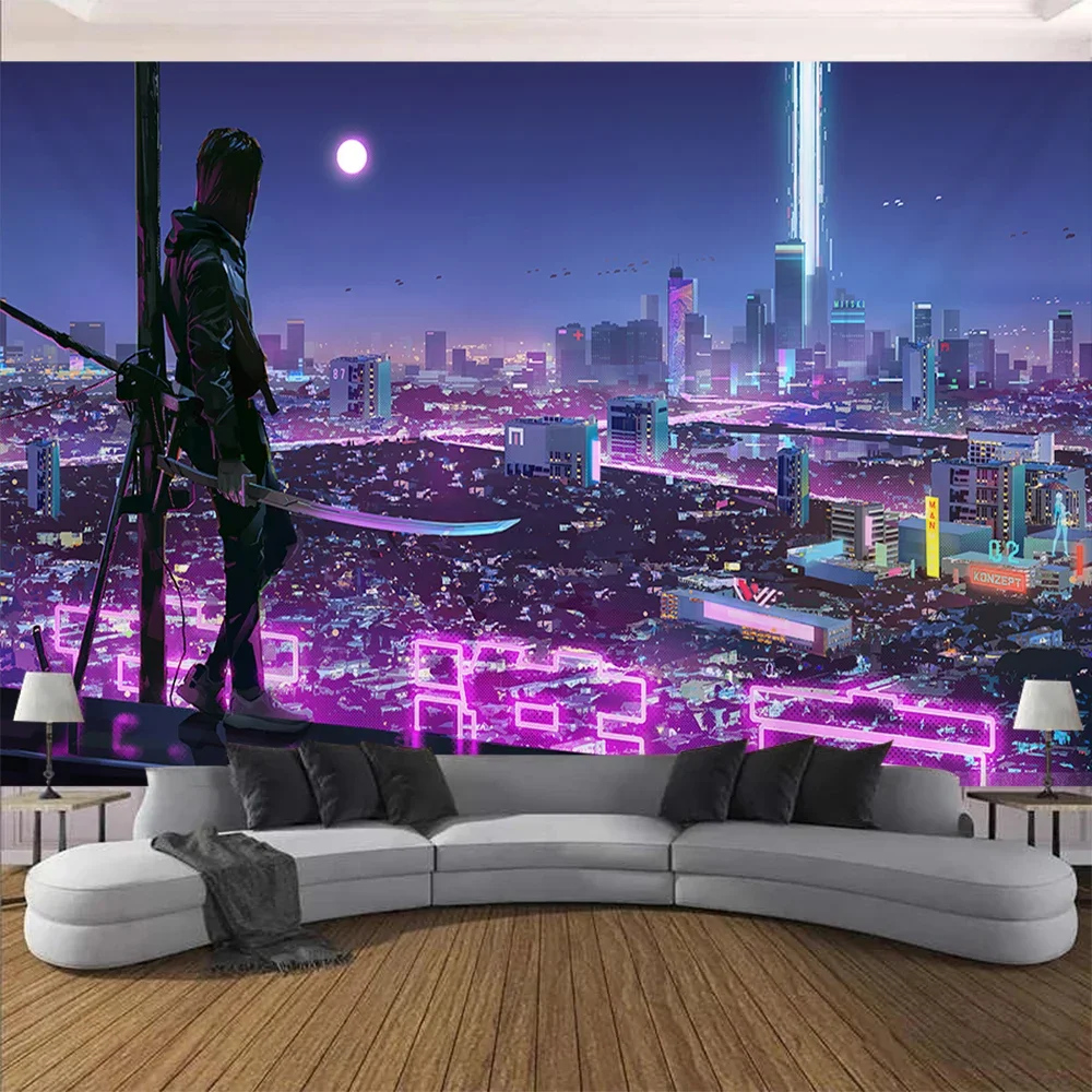 Cyberpunk Future Steam City Home Tapestry Art Wall Hanging Psychedelic Galaxy Hippie Retro Anime Tapestry Background Decoration