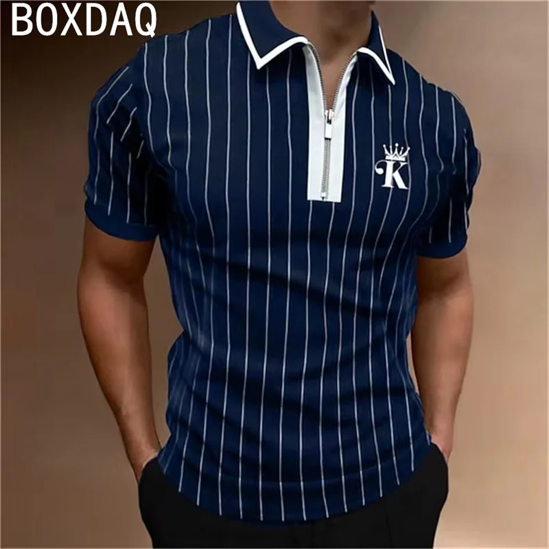 Fashion Classic Stripe Printed Men's Polo Shirt Summer Oversized 6XL Men's Summer Short Sleeve Lapel Zipper Casual Polo Shirt