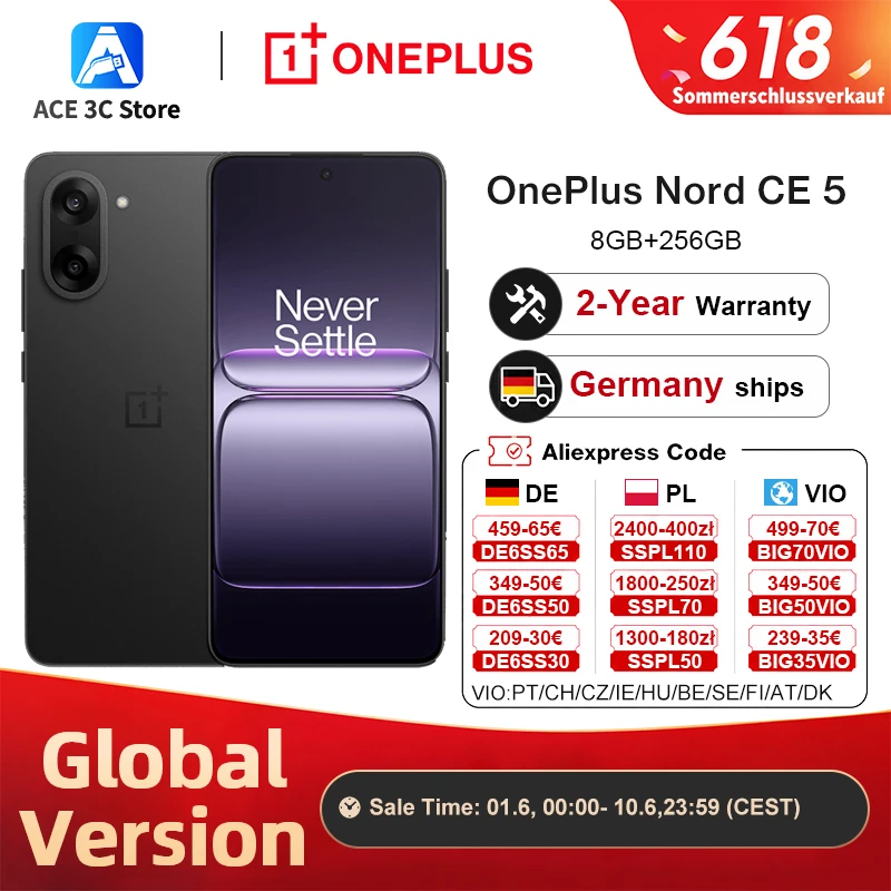 Global version samrtphone OnePlus Nord CE 5 5G 8GB+256GB 7100mAh 80W 50MP EIS+OIS Camera Android 15 WiFi 6