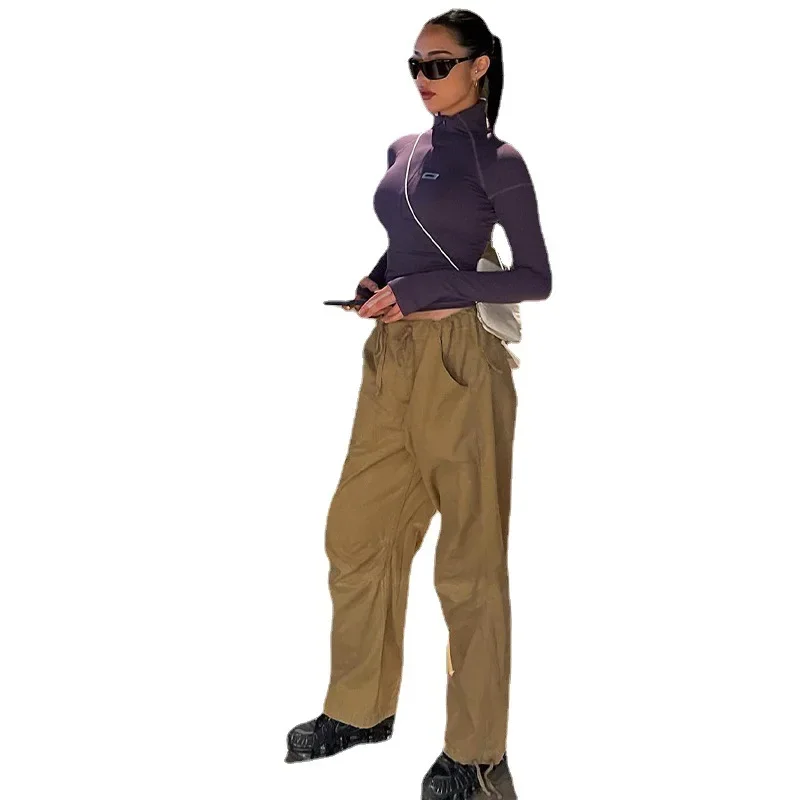 2024 Women's New Pure Desire Spicy Girl Style Half High Neck Slim Fit Zipper Short Long Sleeve Bottom T-shirt for Women YBF3-3